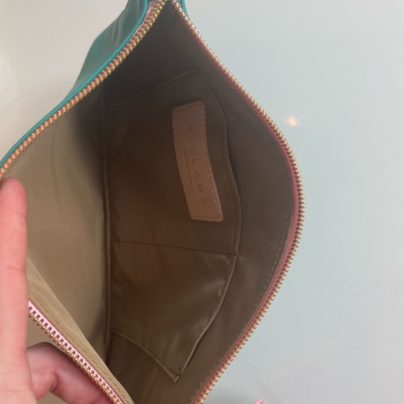 K. Slade Teal Genuine lamb leather Vale pouch, wristlet, and pink Pom tassel. - Picture 3 of 7